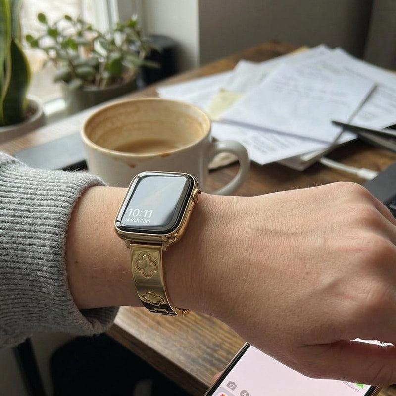 Bracelet Apple Watch acier inoxydable motif trèfle, bracelet jonc élégant pour montre connectée Apple, modèle Tréfa