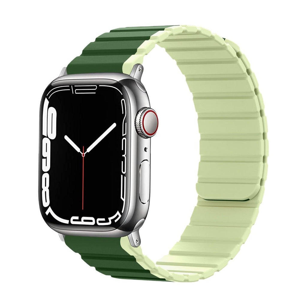 Bracelet Apple Watch silicone bicolore vert foncé et vert clair avec fermeture magnétique double face.