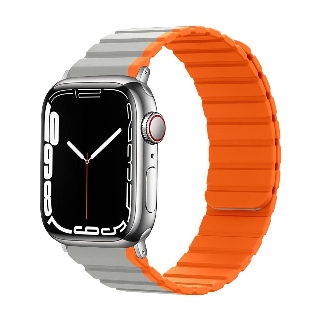 Bracelet Apple Watch silicone bicolore gris clair et orange avec fermeture magnétique double face, style Kayne.