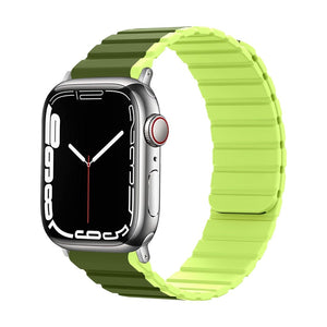 Bracelet Apple Watch silicone bicolore vert olive et jaune citron avec fermeture magnétique double face, style moderne et.