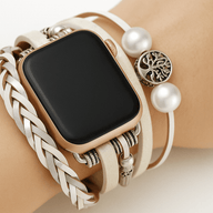 Bracelet Apple Watch beige avec design arbre de vie en métal doré et perles blanches élégantes.