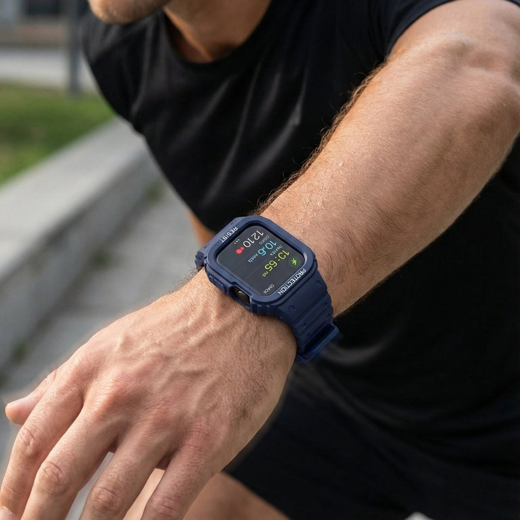 Bracelet Apple Watch avec coque intégrale en silicone, protection renforcée résistante aux chocs, fermoir magnétique ajustable, modèle Penz