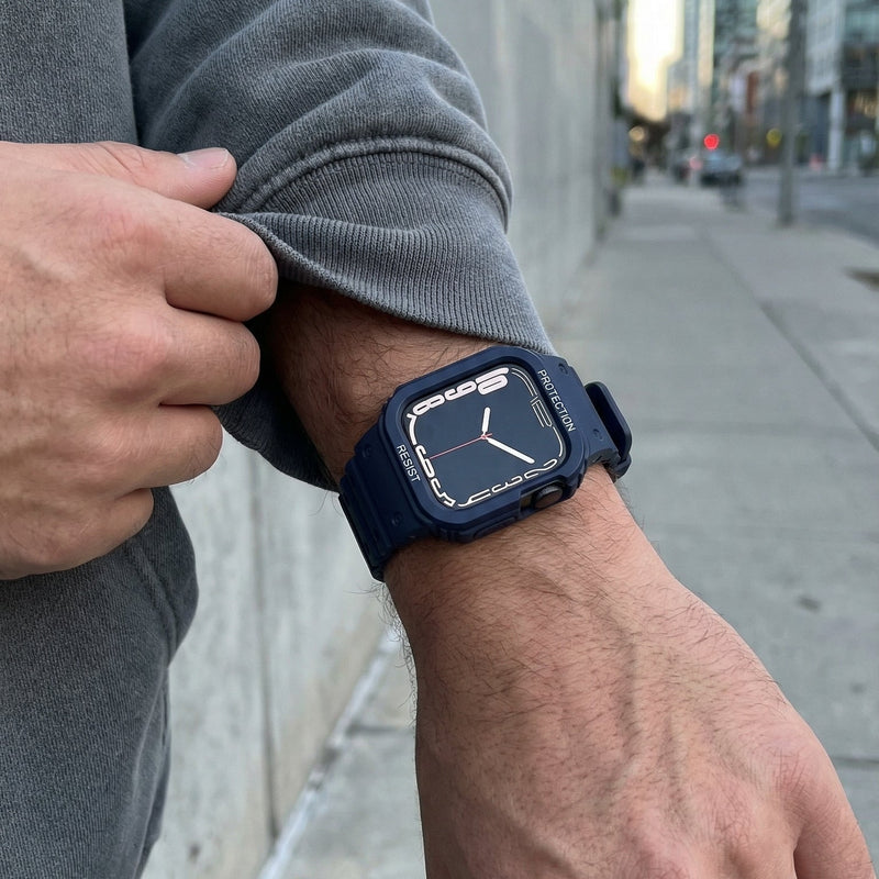 Bracelet Apple Watch avec coque intégrale en silicone, protection renforcée résistante aux chocs, fermoir magnétique ajustable, modèle Penz