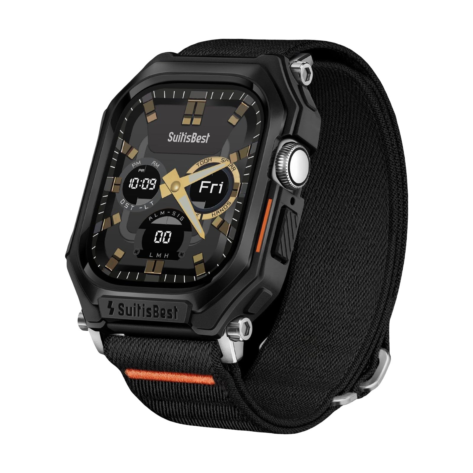 Bracelet Apple Watch noir tressé en nylon avec coque intégrée robuste et fermeture à boucle ajustable.