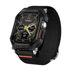 Bracelet Apple Watch noir tressé en nylon avec coque intégrée robuste et fermeture à boucle ajustable.