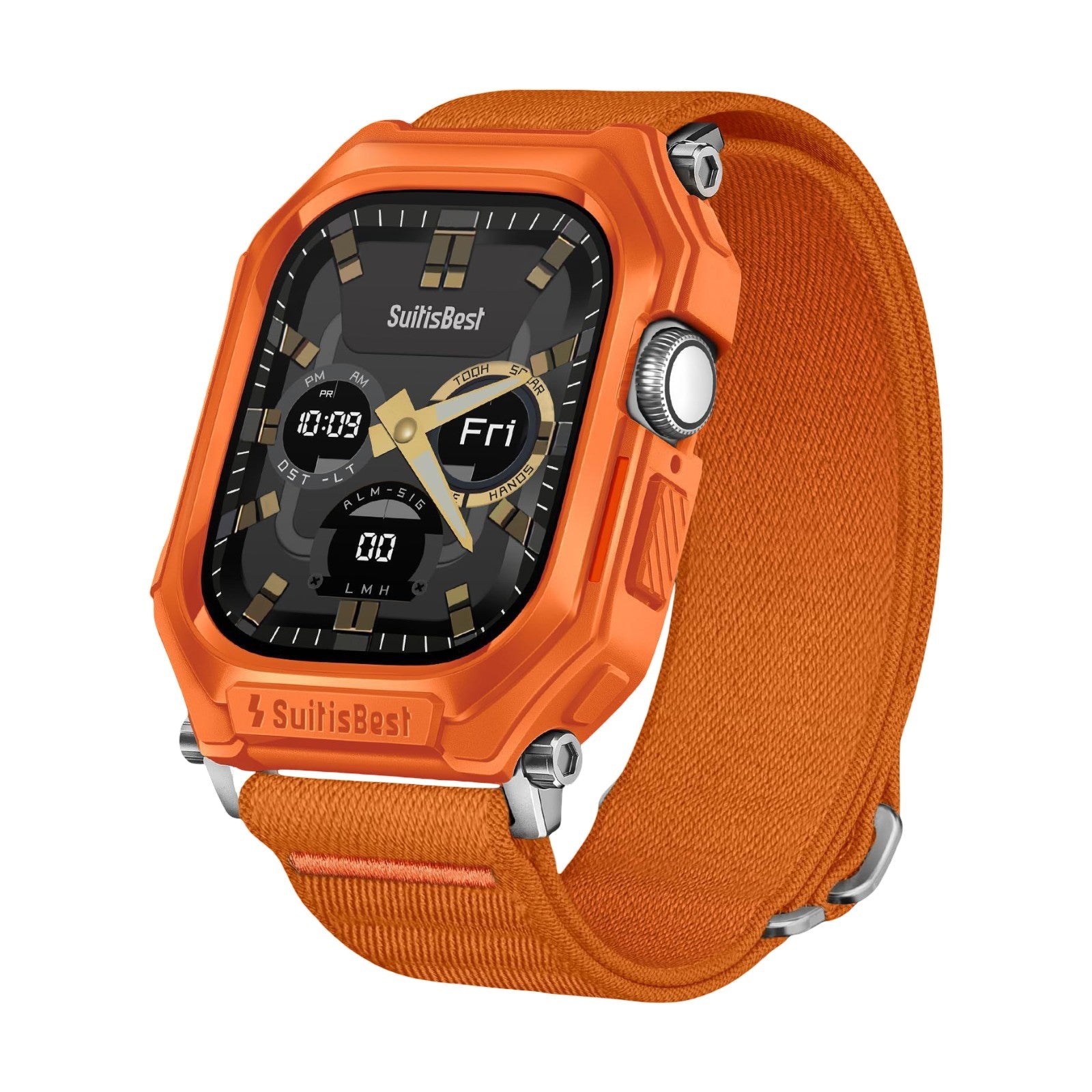 Bracelet orange en nylon tressé avec coque rigide intégrée pour Apple Watch, fermoir boucle robuste, style baroudeur.