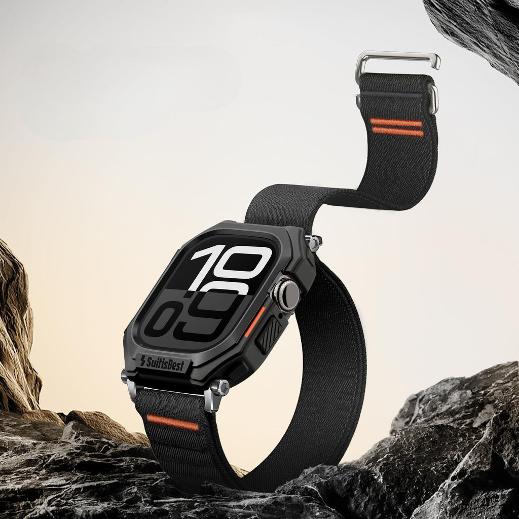 Bracelet Apple Watch noir en nylon tressé avec coque intégrale et boucle à ardillon orange, style baroudeur.