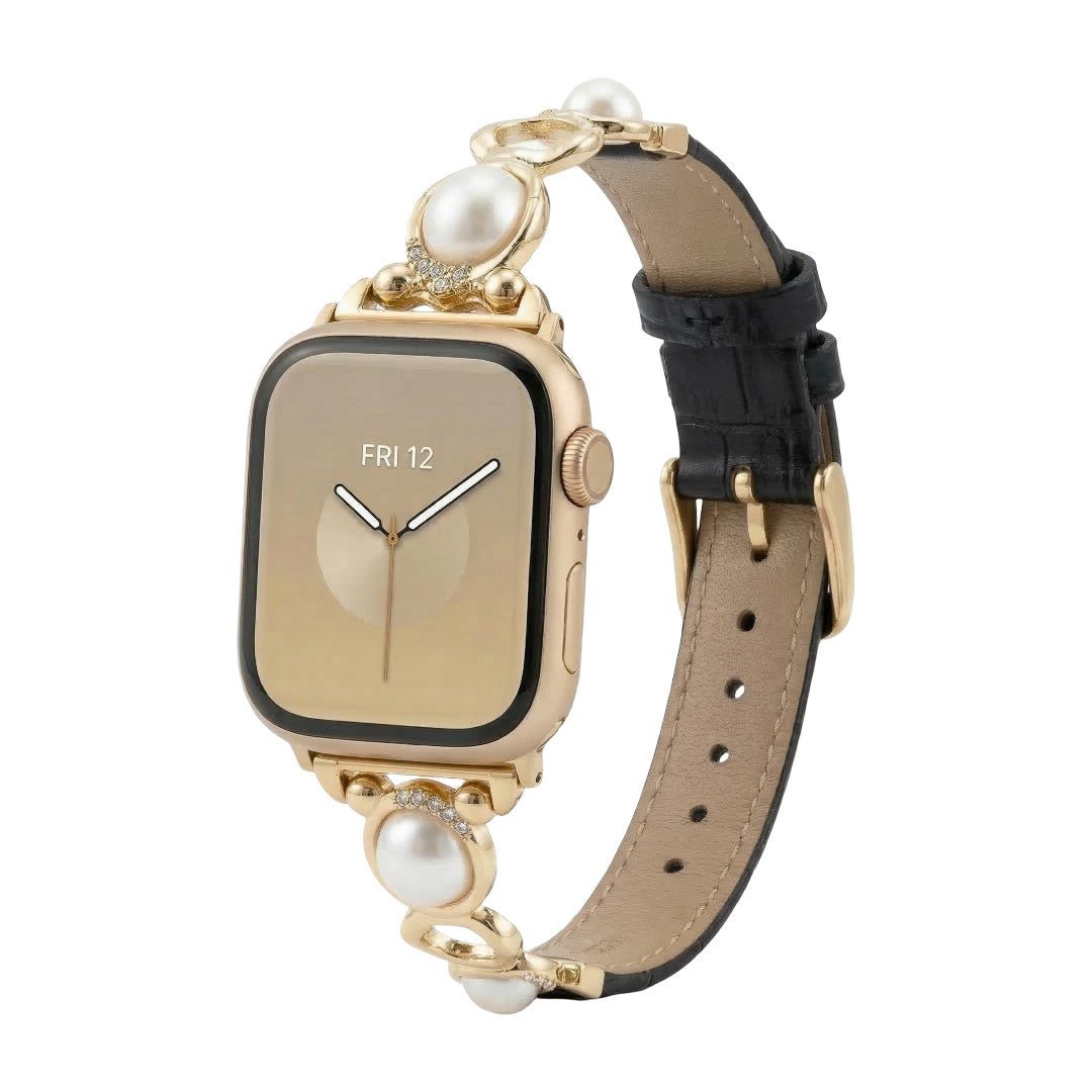 Bracciale Apple Watch gioiello con perle e similpelle vegan, cinturino decorativo per smartwatch con perle e dettagli luminosi, modello Vilestia