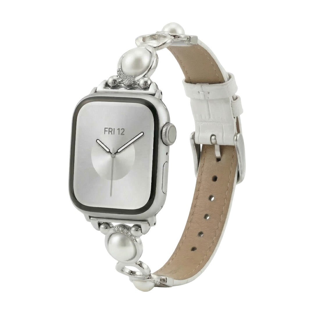 Bracciale Apple Watch gioiello con perle e similpelle vegan, cinturino decorativo per smartwatch con perle e dettagli luminosi, modello Vilestia