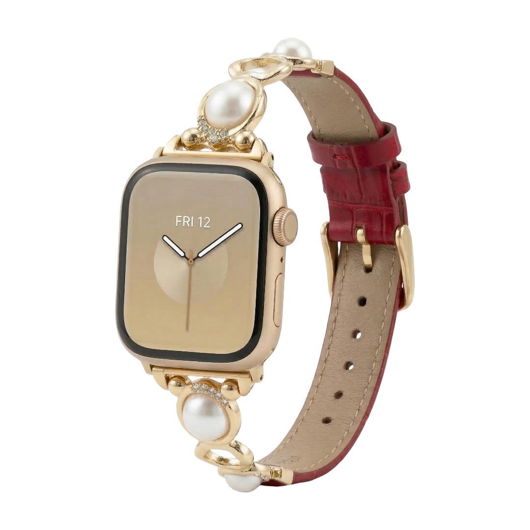Bracciale Apple Watch gioiello con perle e similpelle vegan, cinturino decorativo per smartwatch con perle e dettagli luminosi, modello Vilestia