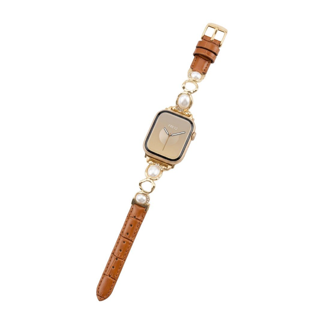 Bracciale Apple Watch gioiello con perle e similpelle vegan, cinturino decorativo per smartwatch con perle e dettagli luminosi, modello Vilestia
