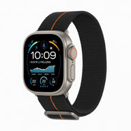 Bracelet Apple Watch en nylon noir avec couture orange et boucle technique en métal gris, modèle Arès.