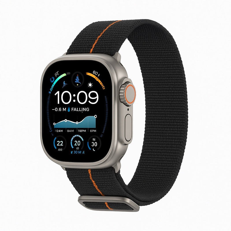 Bracelet Apple Watch en nylon noir avec couture orange et boucle technique en métal gris, modèle Arès.