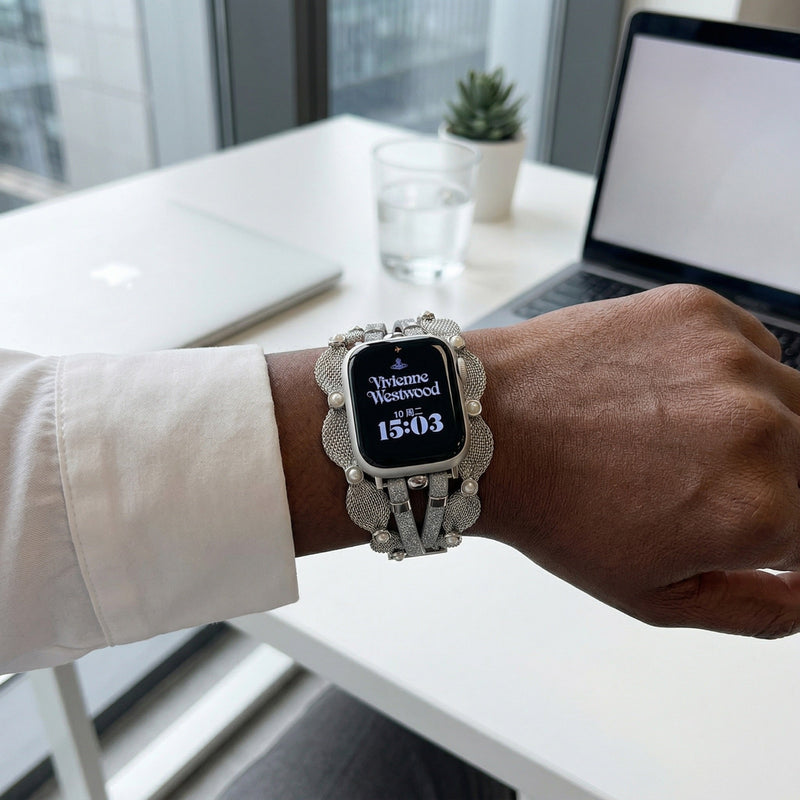 Chic Apple Watch Bracelet, braided mesh, mother-of-pearl beads, sparkling straps, clip clasp, Darune model