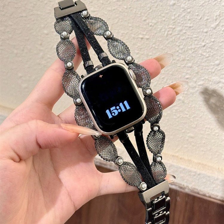 Bracciale Apple Watch elegante, maglia intrecciata, perle madreperlate, cinturini scintillanti, chiusura a clip, modello Darune