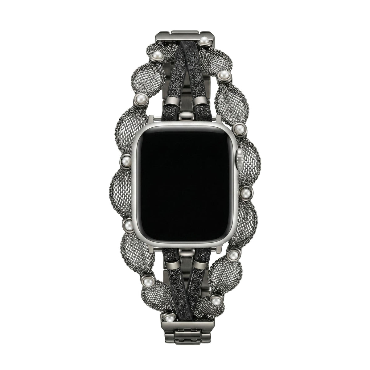 Bracciale Apple Watch elegante, maglia intrecciata, perle madreperlate, cinturini scintillanti, chiusura a clip, modello Darune