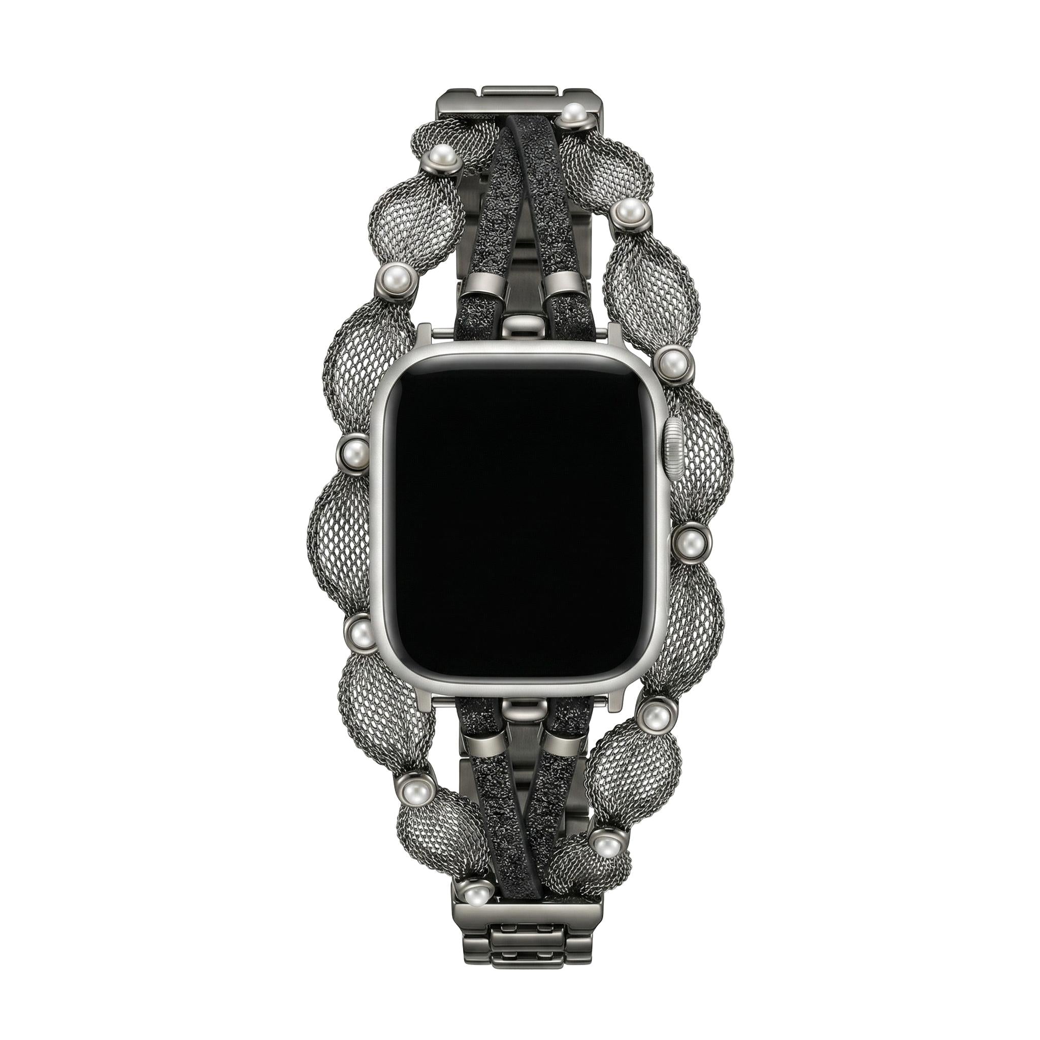 Chic Apple Watch Bracelet, braided mesh, mother-of-pearl beads, sparkling straps, clip clasp, Darune model