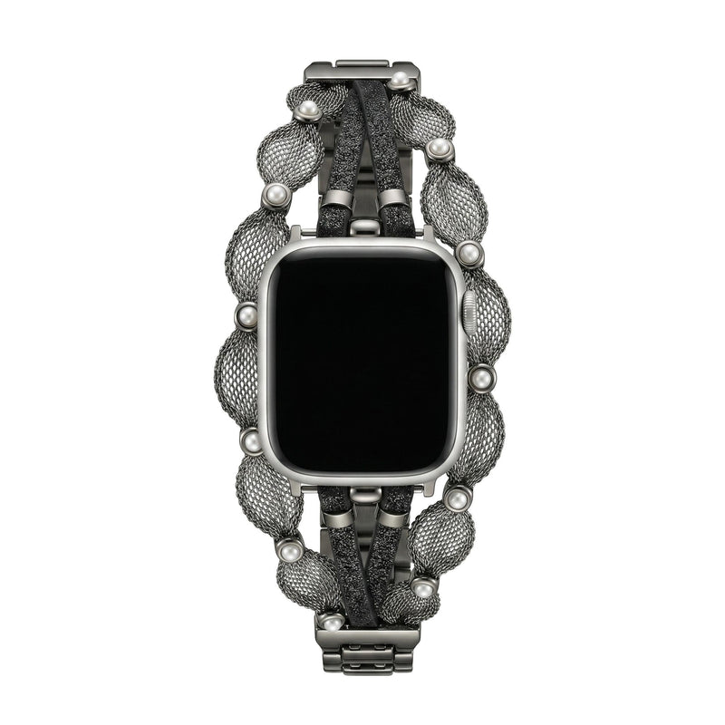 Chic Apple Watch Bracelet, braided mesh, mother-of-pearl beads, sparkling straps, clip clasp, Darune model