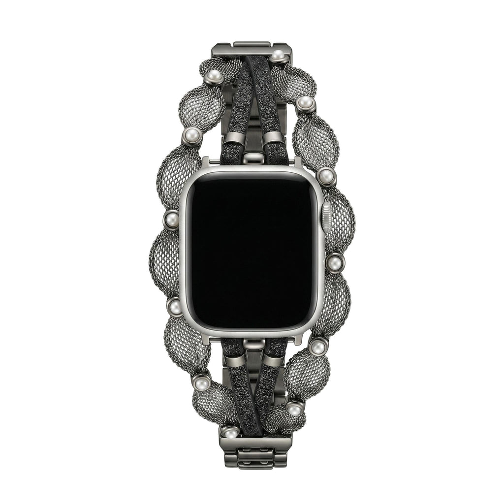 Chic Apple Watch Bracelet, braided mesh, mother-of-pearl beads, sparkling straps, clip clasp, Darune model