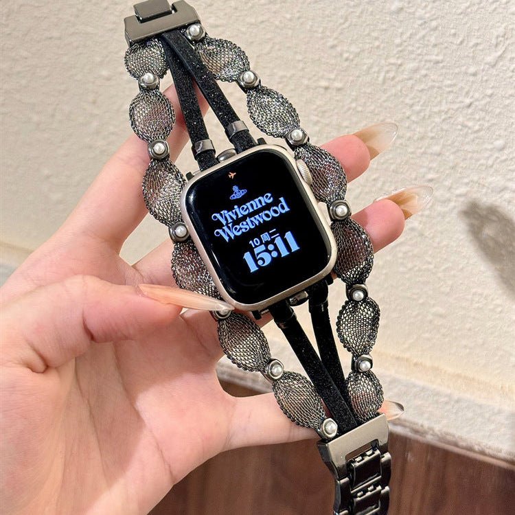 Chic Apple Watch Bracelet, braided mesh, mother-of-pearl beads, sparkling straps, clip clasp, Darune model