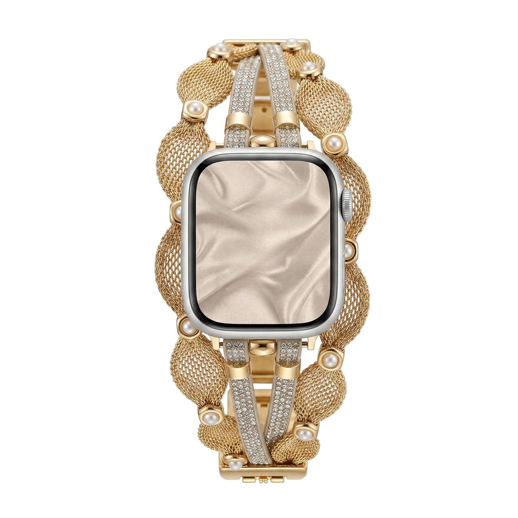 Bracelet Apple Watch chic, maille tressée, perles nacrées, lanières scintillantes, fermoir à clipser, modèle Darune