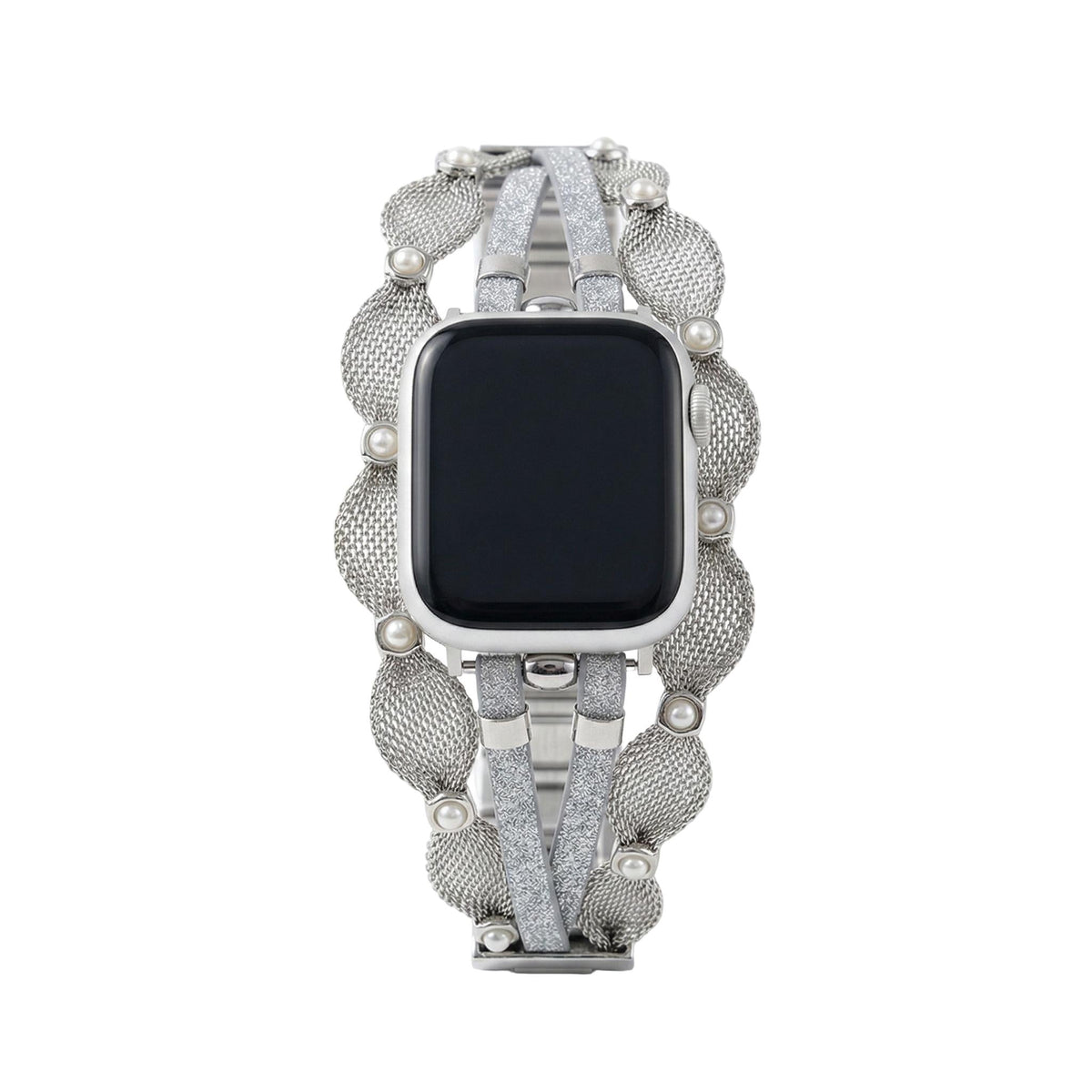 Bracciale Apple Watch elegante, maglia intrecciata, perle madreperlate, cinturini scintillanti, chiusura a clip, modello Darune