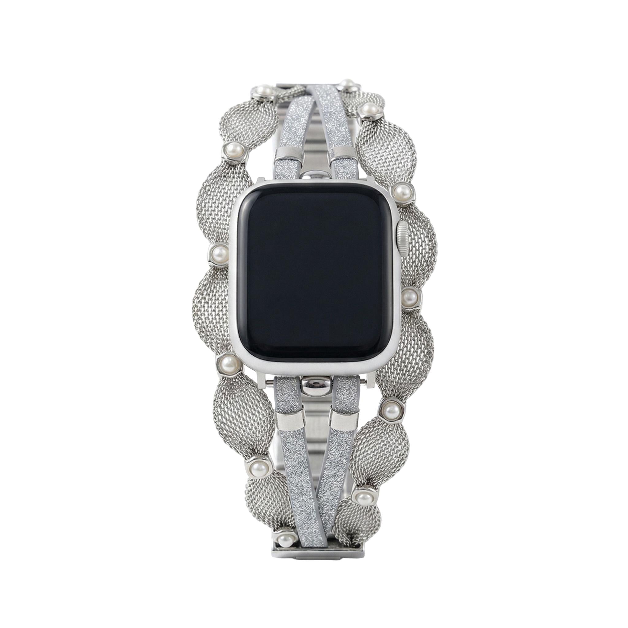 Chic Apple Watch Bracelet, braided mesh, mother-of-pearl beads, sparkling straps, clip clasp, Darune model