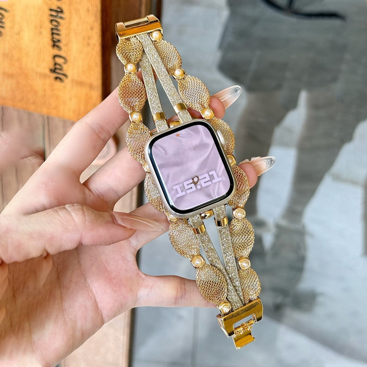 Bracciale Apple Watch elegante, maglia intrecciata, perle madreperlate, cinturini scintillanti, chiusura a clip, modello Darune
