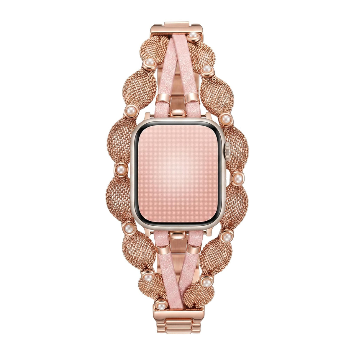 Bracciale Apple Watch elegante, maglia intrecciata, perle madreperlate, cinturini scintillanti, chiusura a clip, modello Darune