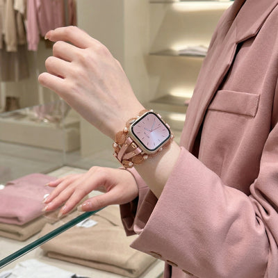 Bracciale Apple Watch elegante, maglia intrecciata, perle madreperlate, cinturini scintillanti, chiusura a clip, modello Darune