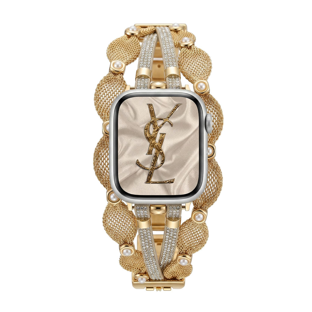 Chic Apple Watch Bracelet, braided mesh, mother-of-pearl beads, sparkling straps, clip clasp, Darune model