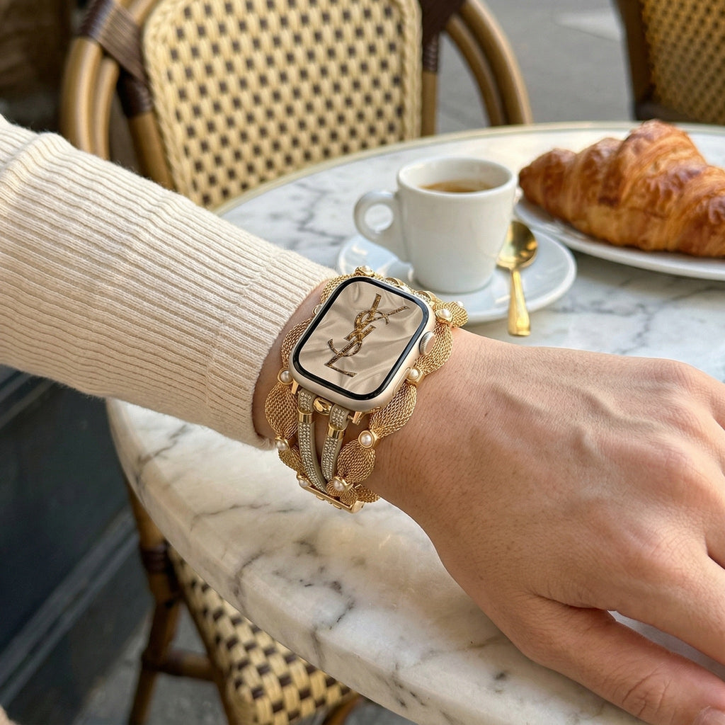 Chic Apple Watch Bracelet, braided mesh, mother-of-pearl beads, sparkling straps, clip clasp, Darune model