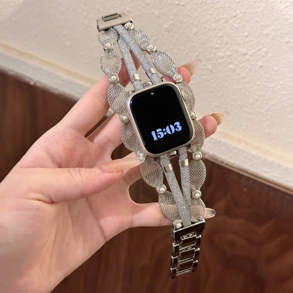 Chic Apple Watch Bracelet, braided mesh, mother-of-pearl beads, sparkling straps, clip clasp, Darune model