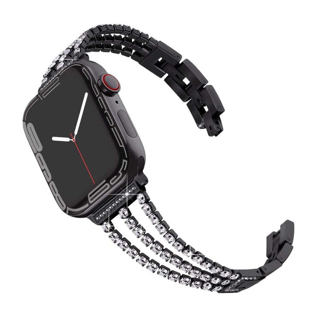 Bracelet pour Apple Watch en métal noir à trois rangs de cristaux scintillants, fermoir noir élégant.