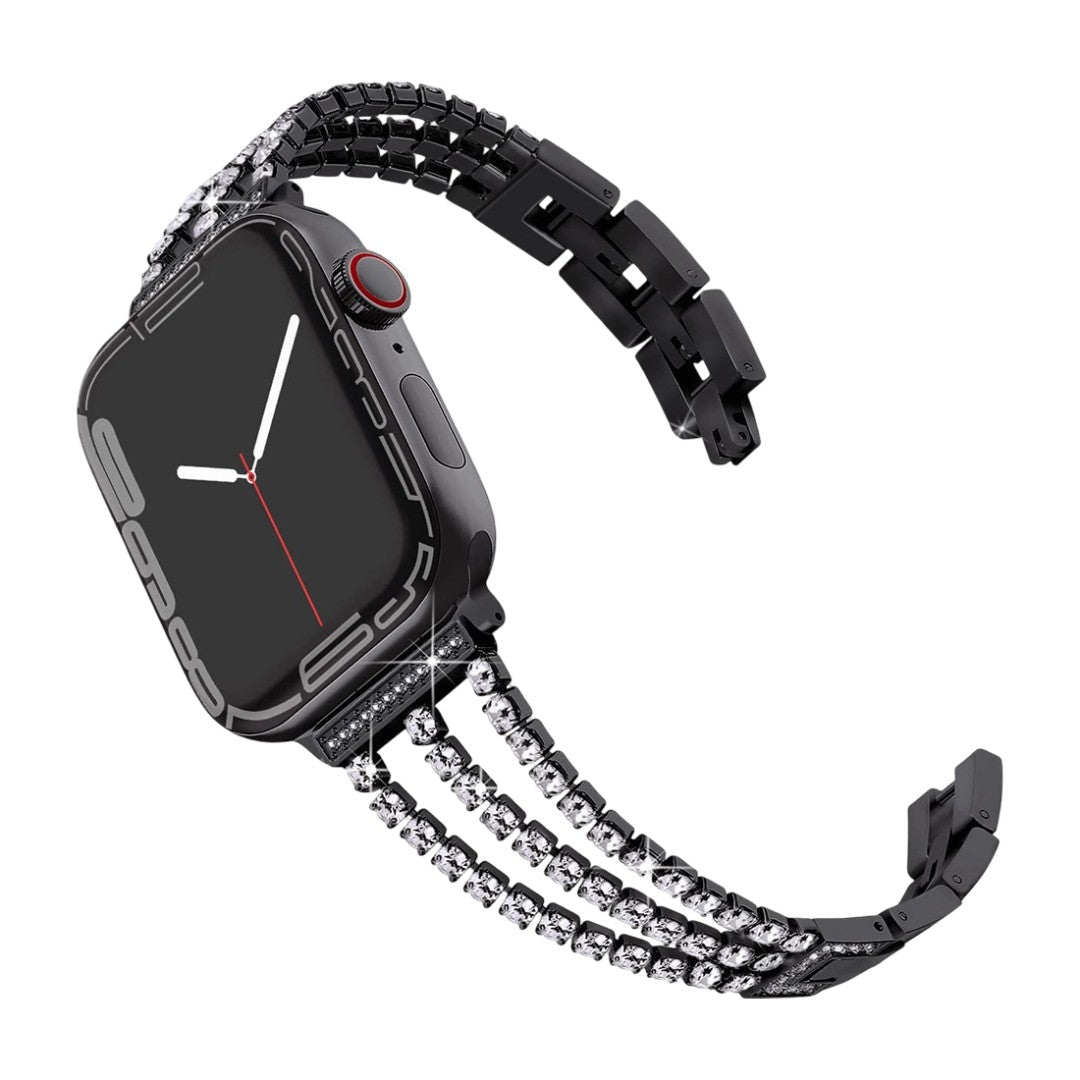 Bracelet pour Apple Watch en métal noir à trois rangs de cristaux scintillants, fermoir noir élégant.