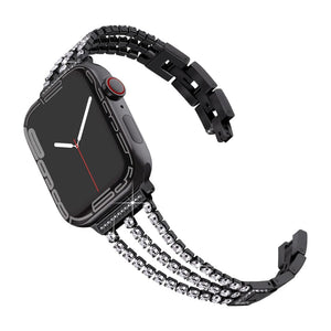 Bracelet pour Apple Watch en métal noir à trois rangs de cristaux scintillants, fermoir noir élégant.