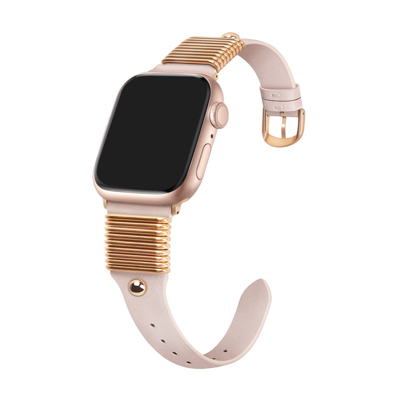 Bracelet pour Apple Watch en cuir beige avec boucle dorée et effet ressort stylisé en métal doré.