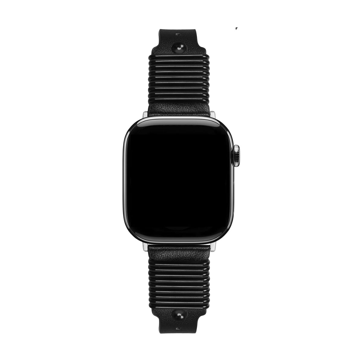 Bracelet Apple Watch cuir noir avec boucle élégante et design à effet ressort stylisé.
