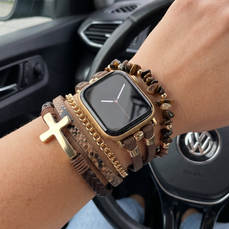 Bracelet Apple Watch cuir femme, bracelet multi-rangs oeil de tigre, bracelet montre croix chrétienne, bracelet maillons dorés ajustables, modèle Azertia