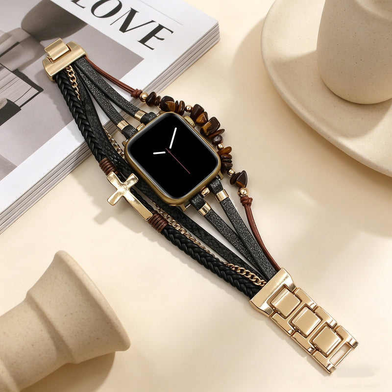 Bracelet Apple Watch cuir femme, bracelet multi-rangs oeil de tigre, bracelet montre croix chrétienne, bracelet maillons dorés ajustables, modèle Azertia