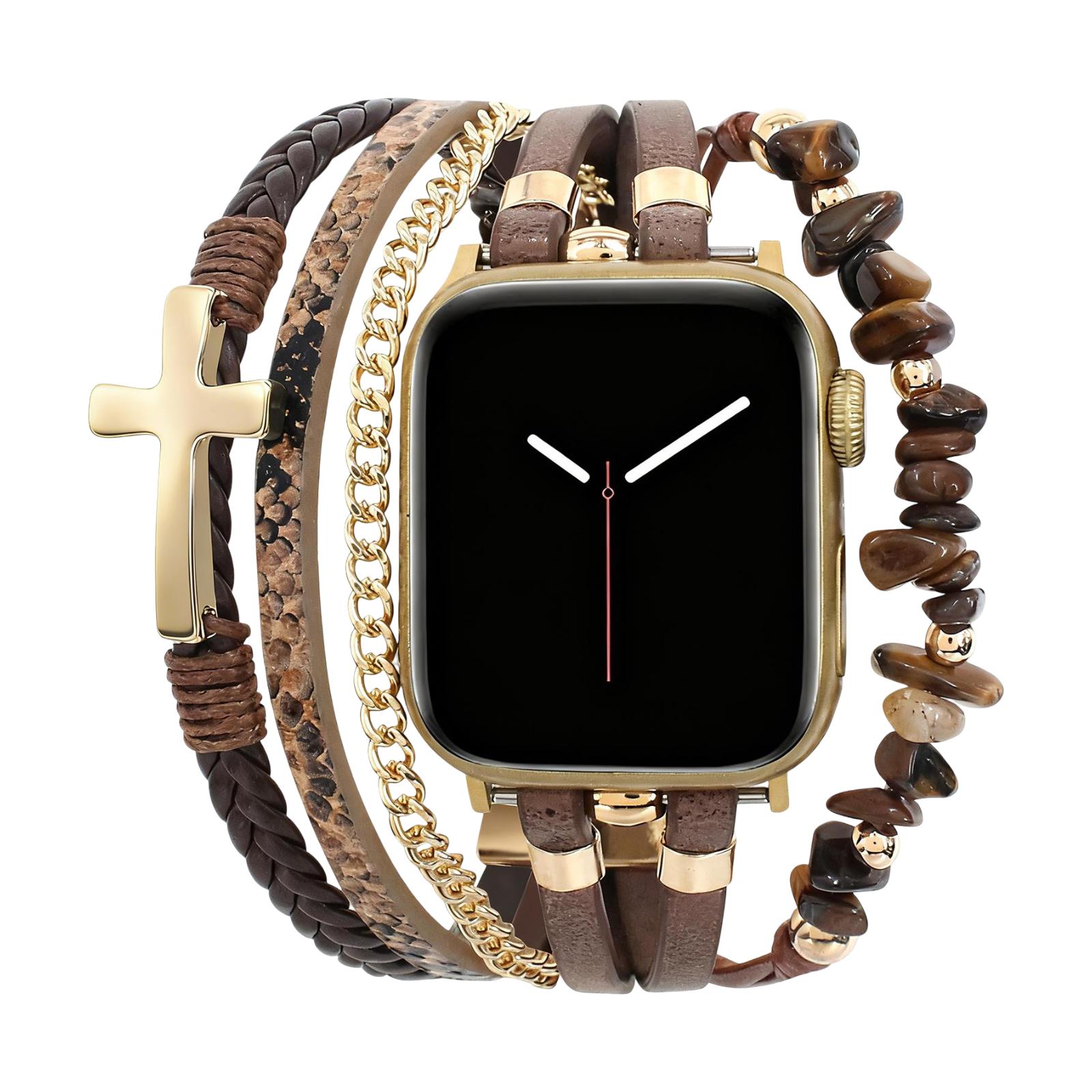 Bracelet Apple Watch cuir femme, bracelet multi-rangs oeil de tigre, bracelet montre croix chrétienne, bracelet maillons dorés ajustables, modèle Azertia