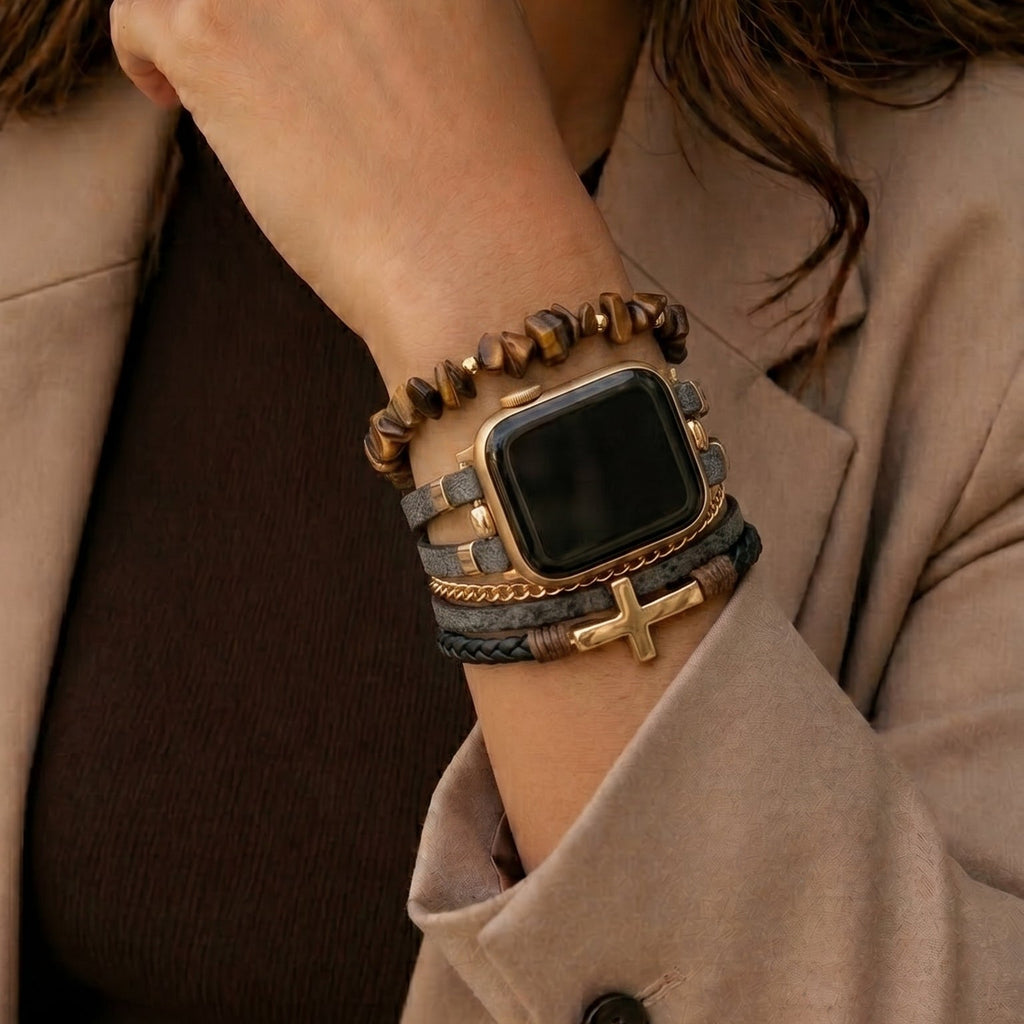 Bracelet Apple Watch cuir femme, bracelet multi-rangs oeil de tigre, bracelet montre croix chrétienne, bracelet maillons dorés ajustables, modèle Azertia
