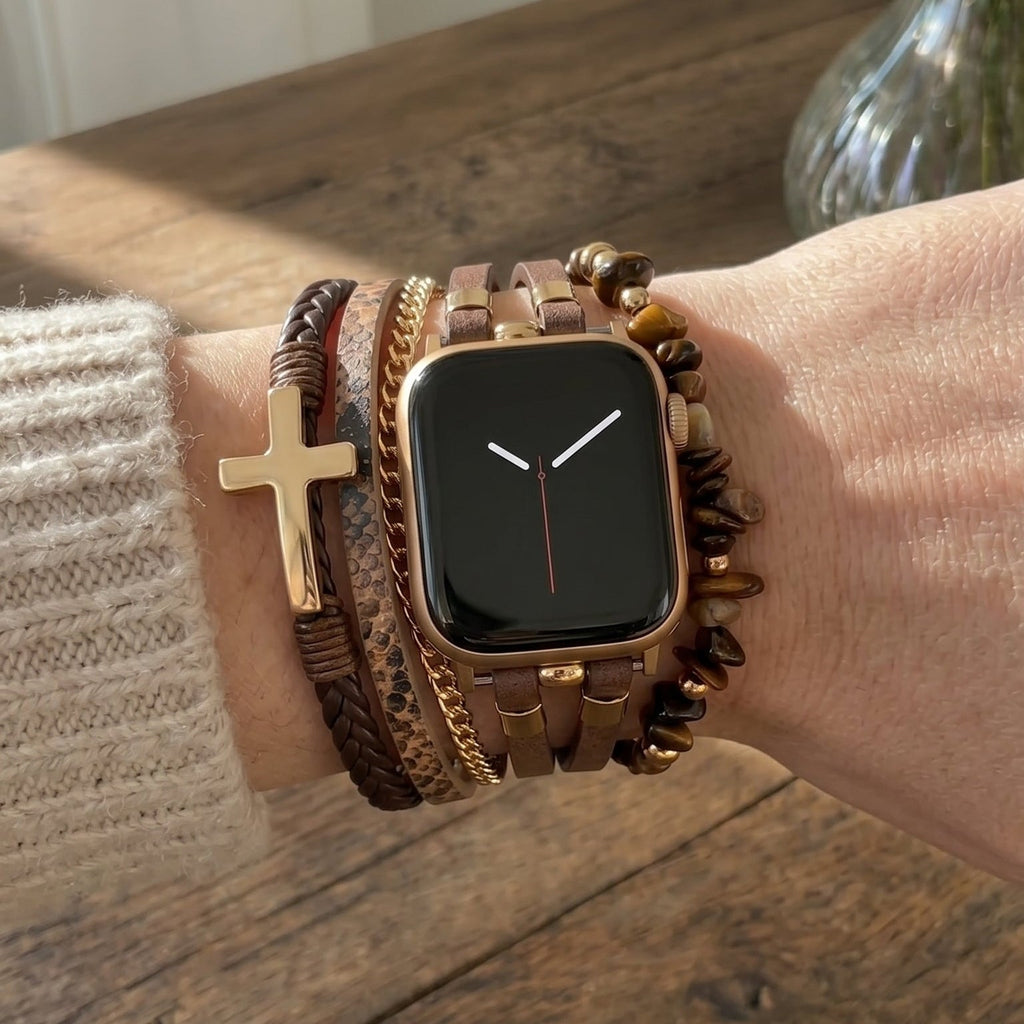 Bracelet Apple Watch cuir femme, bracelet multi-rangs oeil de tigre, bracelet montre croix chrétienne, bracelet maillons dorés ajustables, modèle Azertia