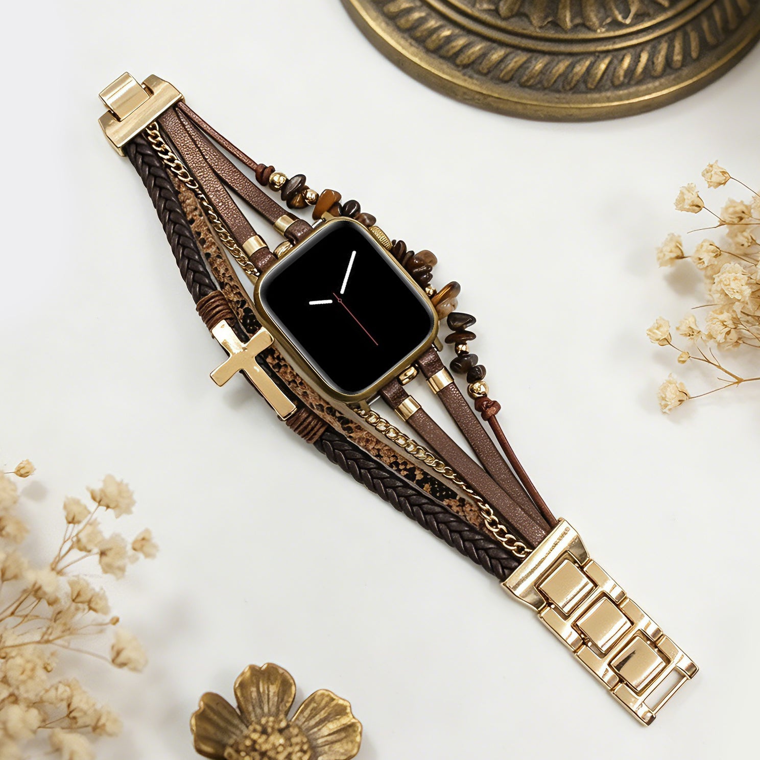 Bracelet Apple Watch cuir femme, bracelet multi-rangs oeil de tigre, bracelet montre croix chrétienne, bracelet maillons dorés ajustables, modèle Azertia
