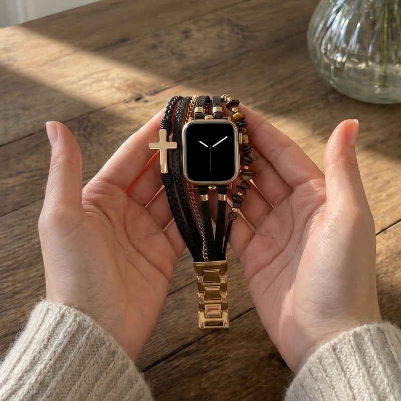 Bracelet Apple Watch cuir femme, bracelet multi-rangs oeil de tigre, bracelet montre croix chrétienne, bracelet maillons dorés ajustables, modèle Azertia