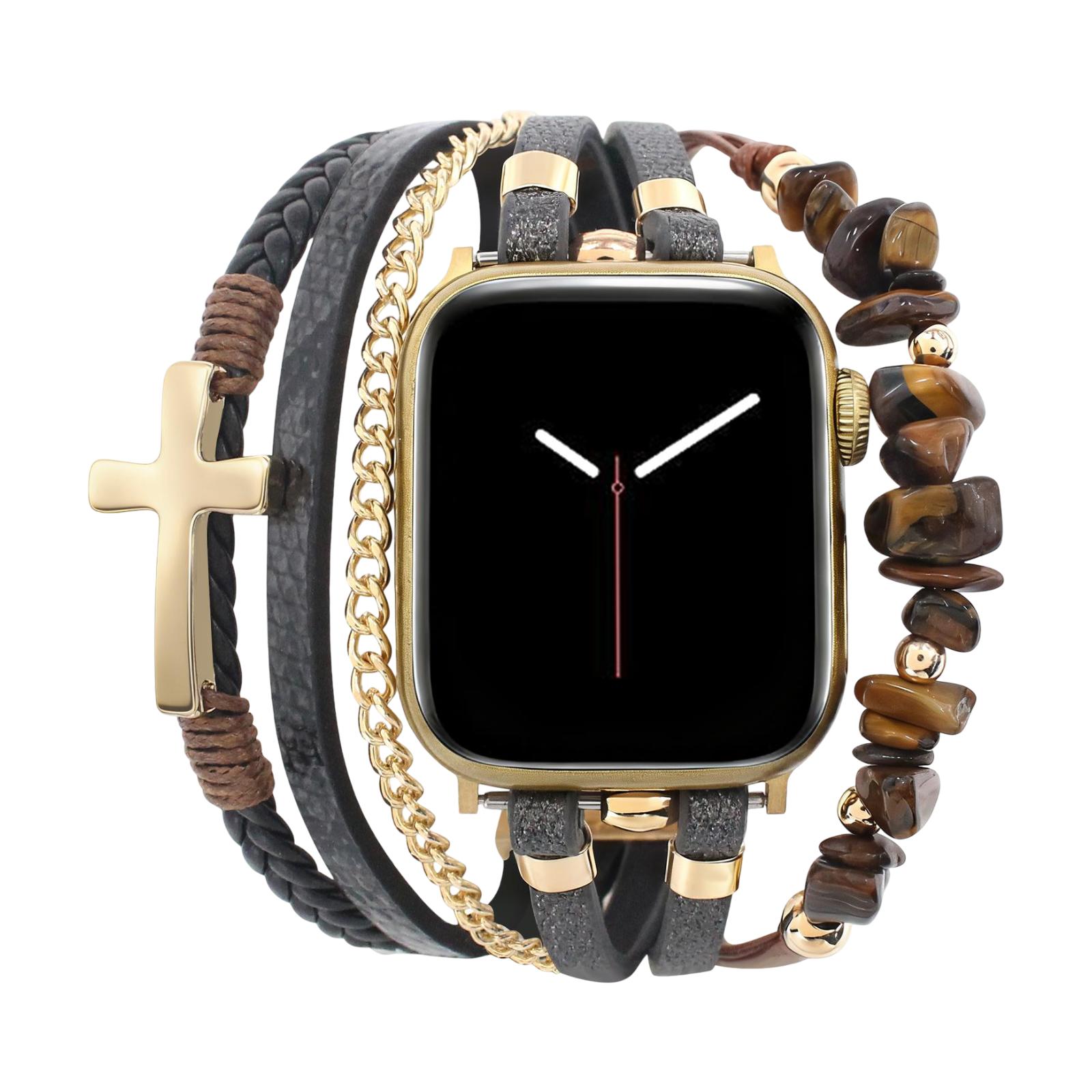 Bracelet Apple Watch cuir femme, bracelet multi-rangs oeil de tigre, bracelet montre croix chrétienne, bracelet maillons dorés ajustables, modèle Azertia