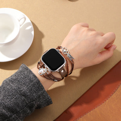 Apple Watch læderarmbånd til kvinder, uendeligt hjerte og sølvfarvet pil, flettet læderurrem med flere rækker, model Wendie