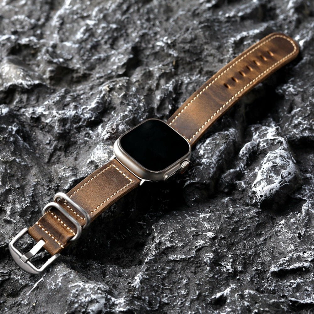 Λουράκι Apple Watch vintage καφέ δέρμα, δέρμα βοοειδούς πρώτης στρώσης, εμφανείς ραφές, στιβαρό και κομψό λουράκι, μοντέλο Colin