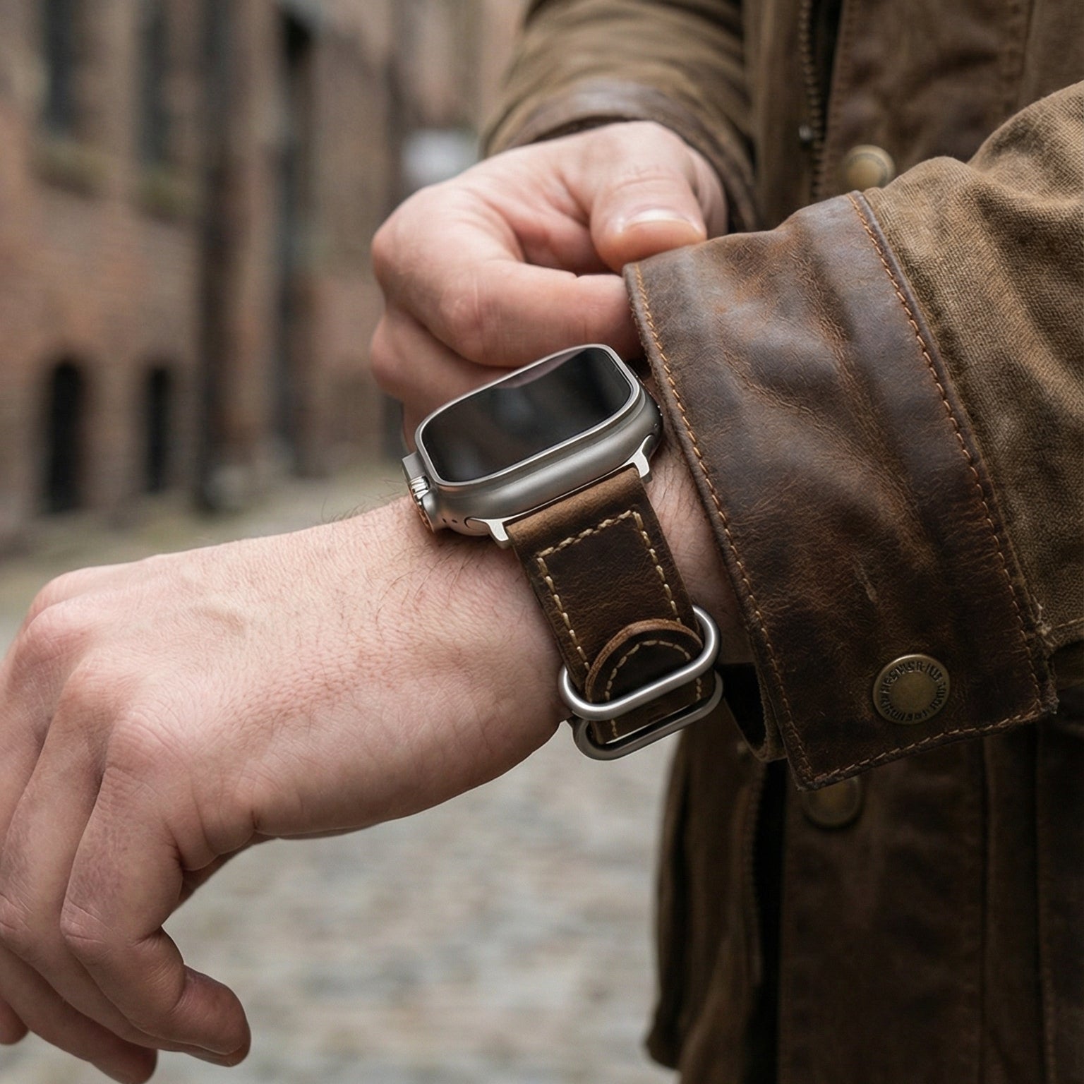 Armbånd til Apple Watch i brun vintage-læder, okselæder af første lag, synlige syninger, solidt og elegant armbånd, model Colin