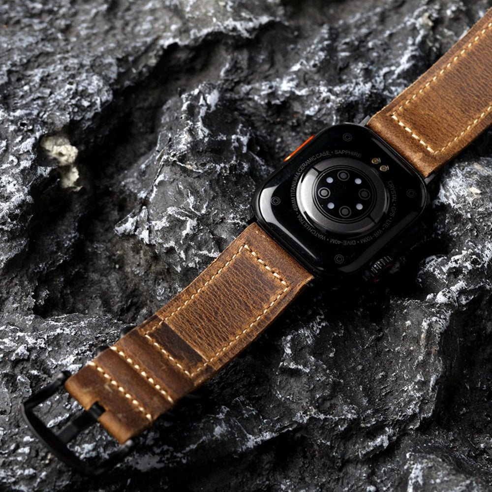 Armbånd til Apple Watch i brun vintage-læder, okselæder af første lag, synlige syninger, solidt og elegant armbånd, model Colin